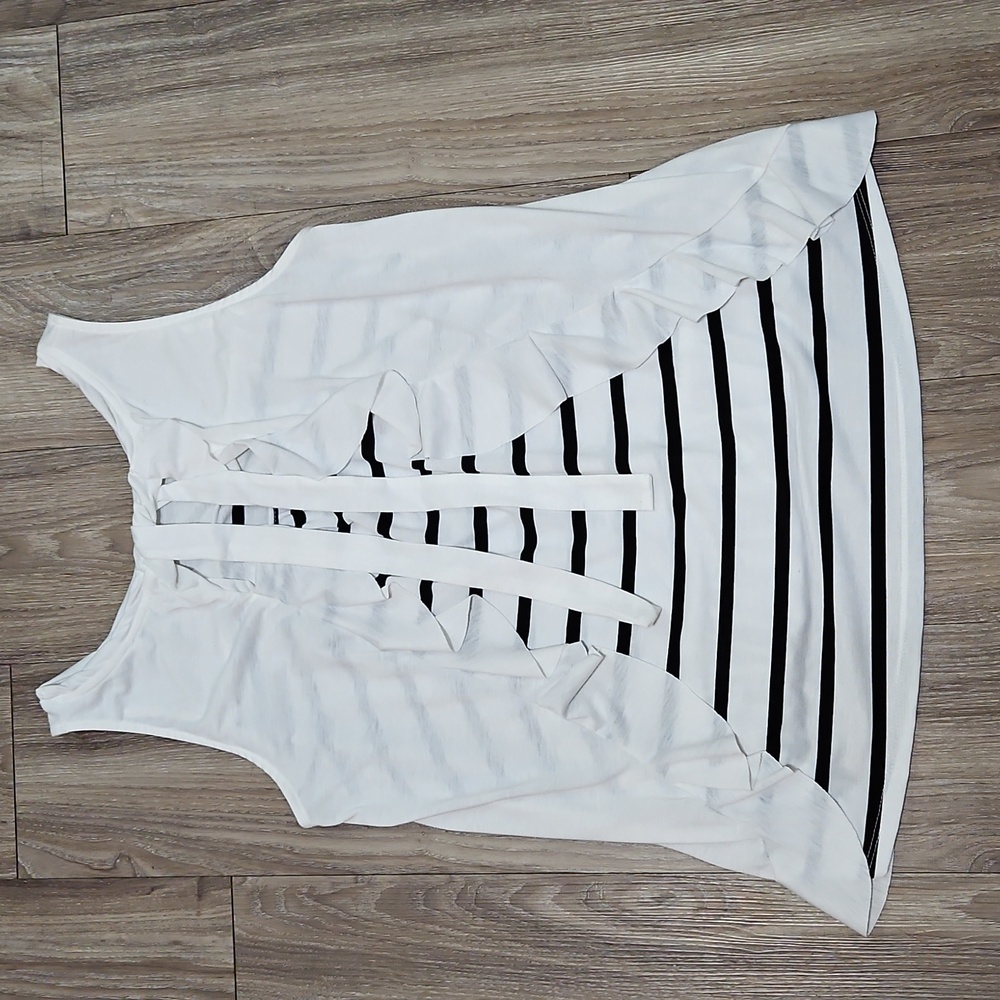 Umgee White Black Stripe Sleeveless Top Back Tie & Ruffle Women's Medium EUC